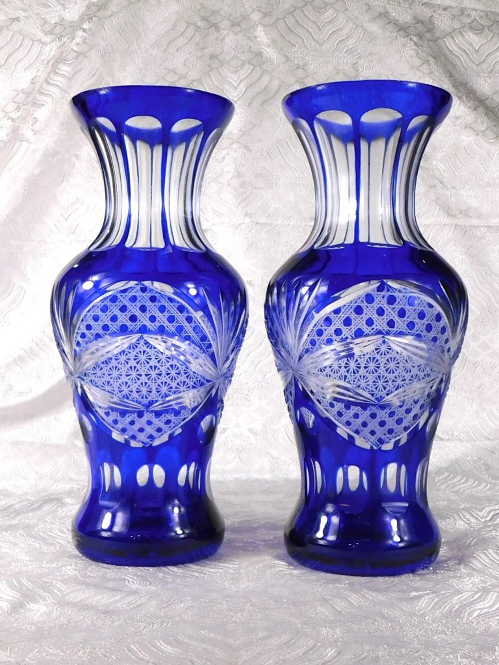 Pair of Two Blue Cut to Clear Vases # 27453
